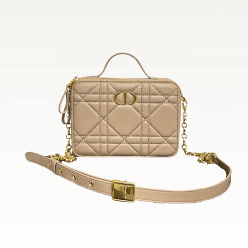 DIOR QUILTED MACROCANNAGE CALFSKIN CARO BOX CHAIN BAG BEIGE