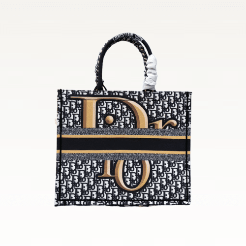 DIOR LARGE BOOK TOTE CORNFLOWER OBLIQUE EMBROIDERY GOLD TEXT BLACK 42CM