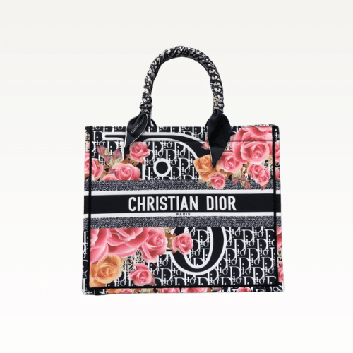 DIOR LARGE BOOK TOTE CORNFLOWER OBLIQUE EMBROIDERY BLACK TEXT BLACK PINK ROSE 42CM