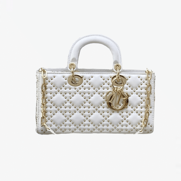DIOR MEDIUM LADY D-JOY BEADED EMBROIDERED CANNAGE MOTIF WHITE