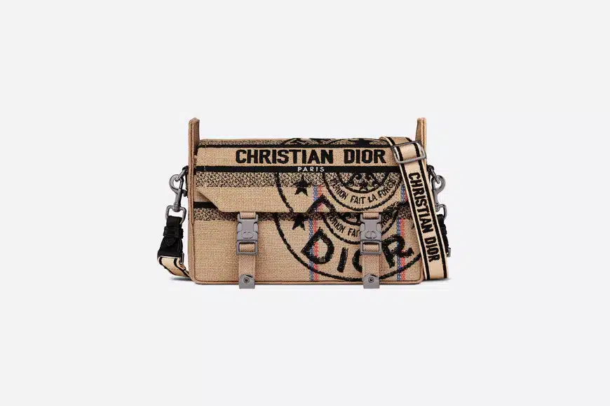 DIOR SMALL CAMP BEIGE JUTE CANVAS EMBROIDERED WITH UNION MOTIF M1241BRUW_M918 23CM