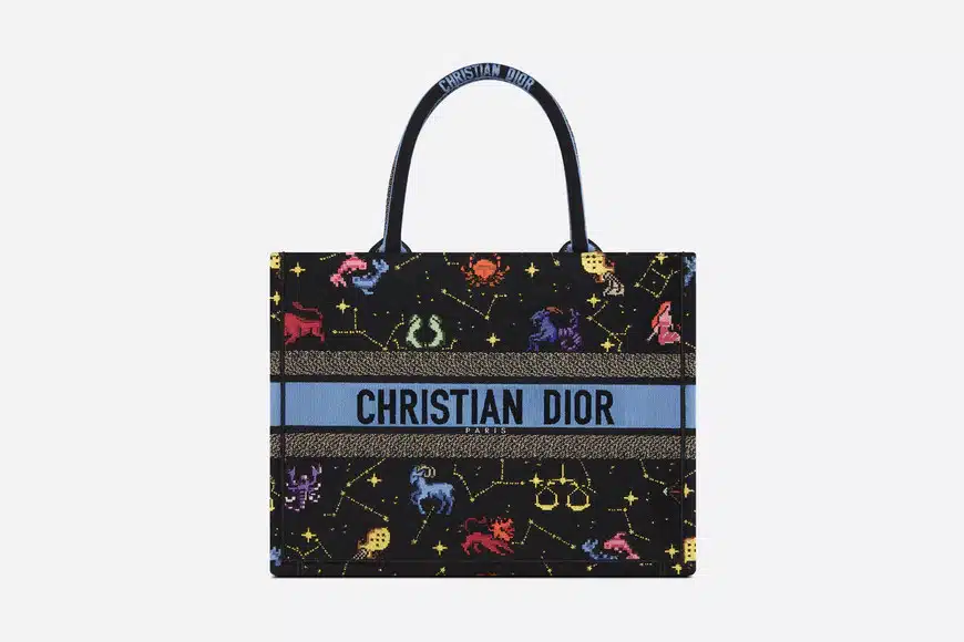 DIOR MEDIUM BOOK TOTE BLACK MULTICOLOR PIXEL ZODIAC EMBROIDERY 36CM M1296ZRTY_M911