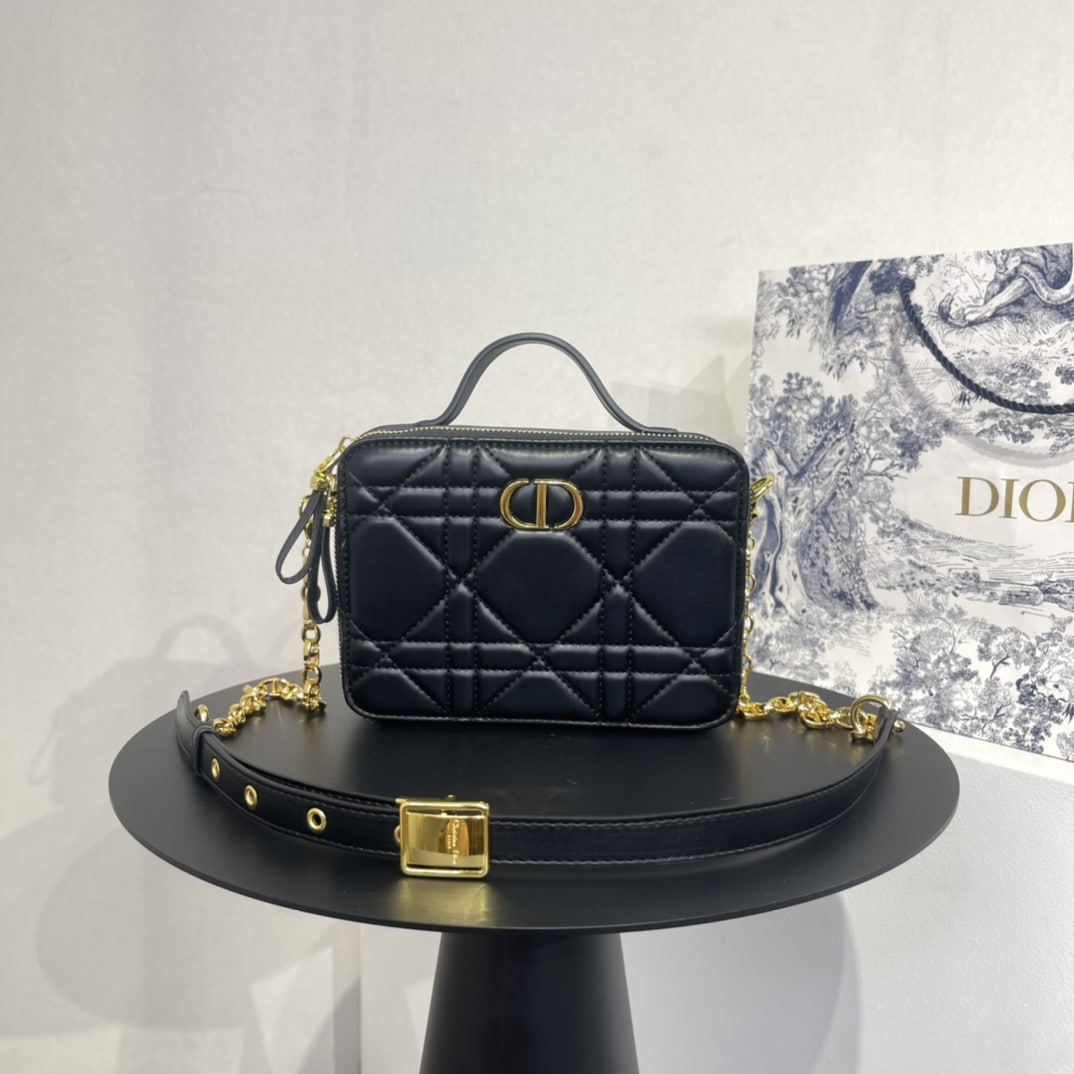 DIOR QUILTED MACROCANNAGE CALFSKIN CARO BOX CHAIN BAG BLACK - Image 3