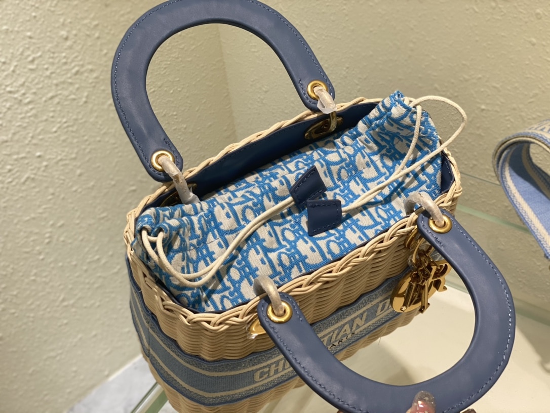 DIOR MEDIUM LADY NATURAL WICKER CORNFLOWER OBLIQUE JACQUARD BLUE 24CM M0565CMVO M917 - Image 8