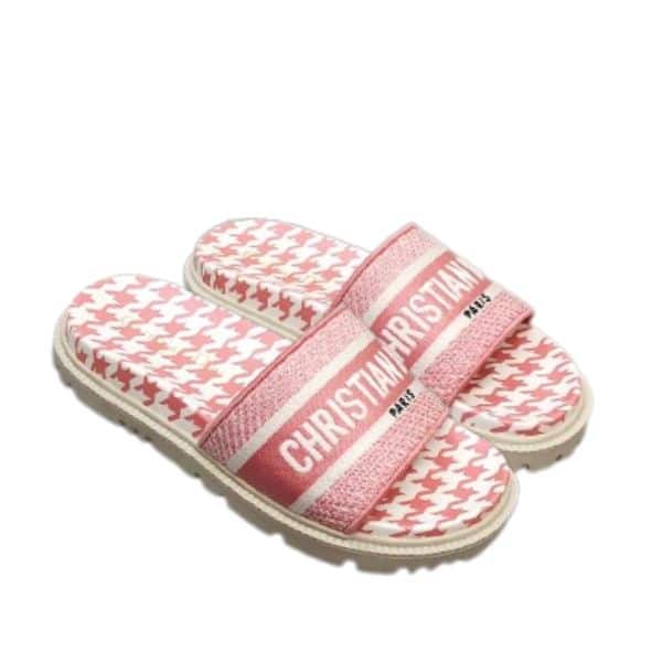 DIOR DWAY SLIPPER PINK AND WHITE MICRO HOUNDSTOOTH EMBROIDERED