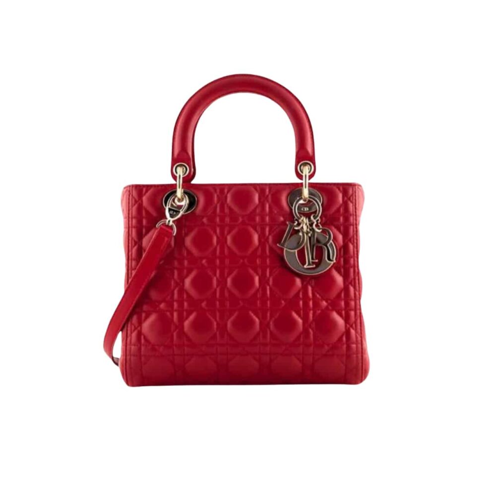 DIOR MEDIUM LADY BLUSH CANNAGE BAG RED 20CM