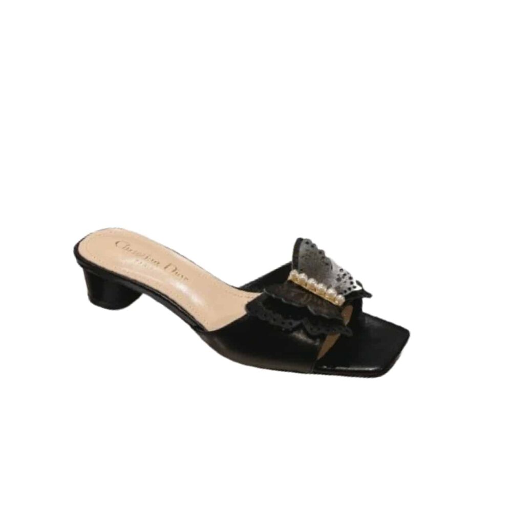 DIOR TALE MULE BLACK SUPPLE CALFSKIN AND WHITE RESIN PEARLS