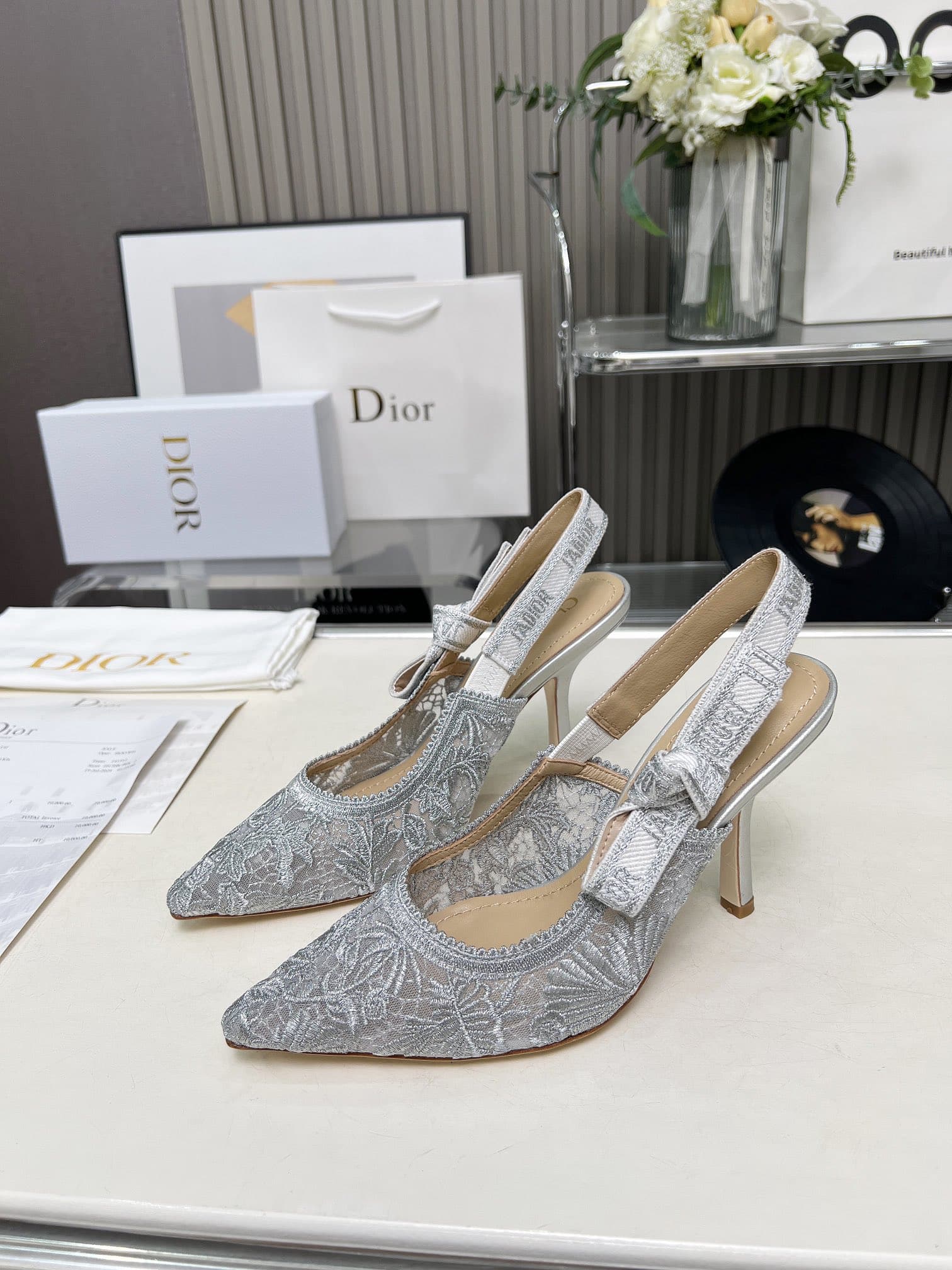DIOR J'ADIOR SLINGBACK PUMP TRANSPARENT MESH EMBROIDERED IN GREY - Image 2