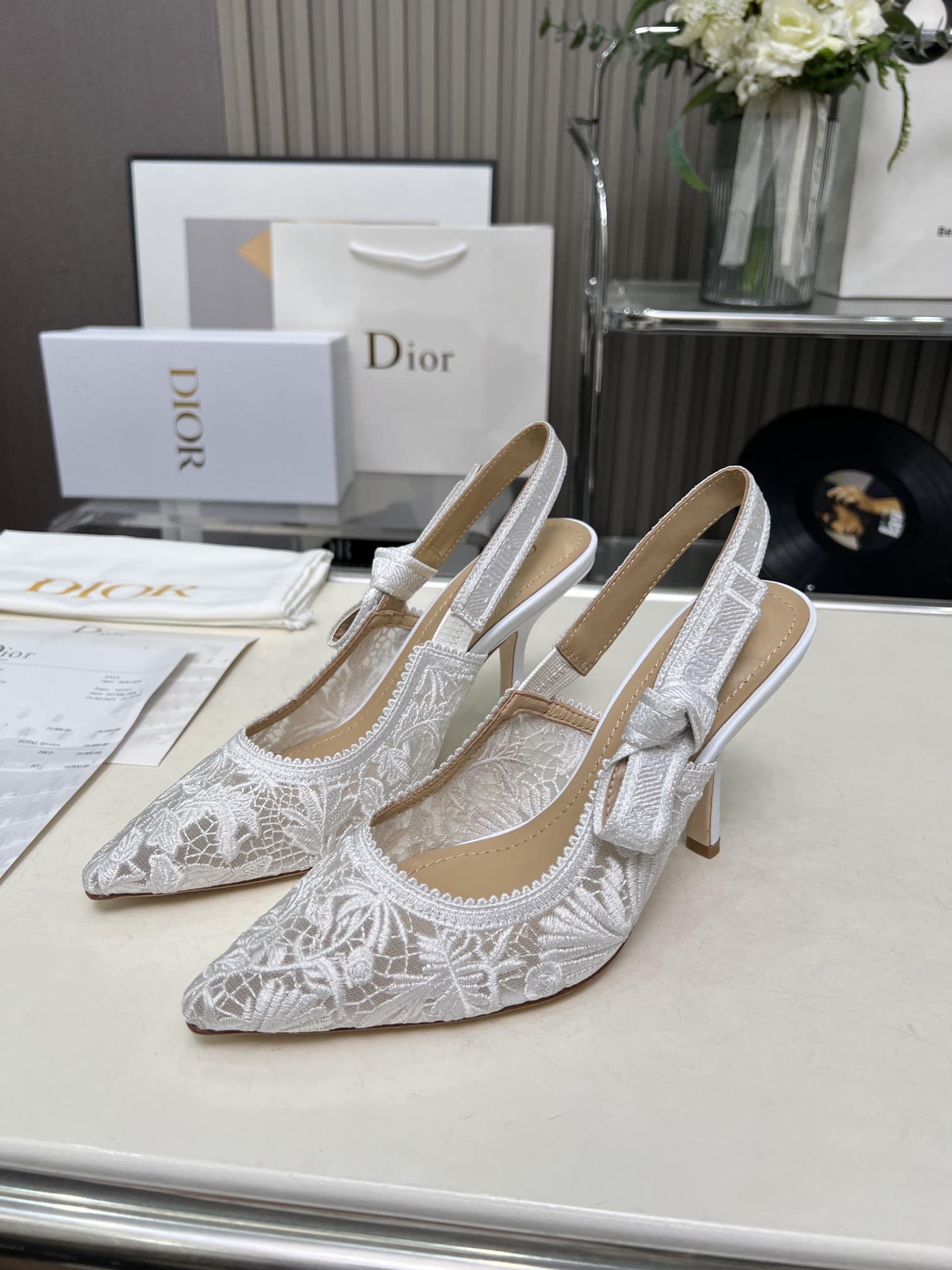 DIOR J'ADIOR SLINGBACK PUMP TRANSPARENT MESH EMBROIDERED IN WHITE - Image 2