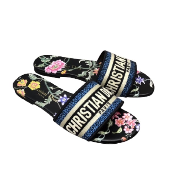 DIOR DWAY SLIDE BLACK MULTICOLOR EMBROIDERED COTTON WITH DIOR PETITES FLEURS MOTIF KCQ209FWYS900