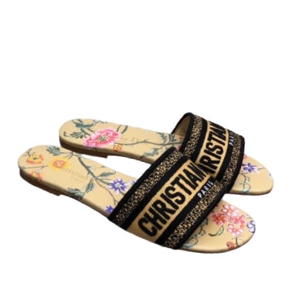 DIOR DWAY SLIDE POWDER YELLOW MULTICOLOR EMBROIDERED COTTON WITH DIOR PETITES FLEURS MOTIF