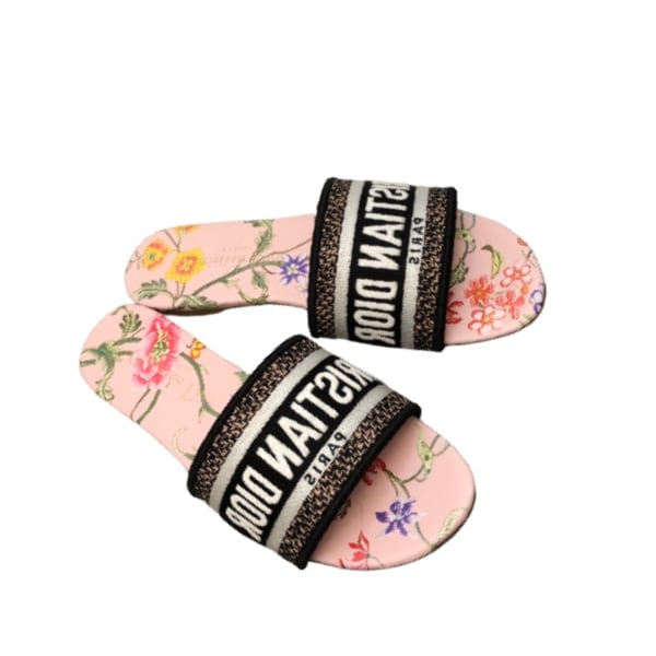 DIOR DWAY SLIDE POWDER PINK MULTICOLOR EMBROIDERED COTTON WITH DIOR PETITES FLEURS MOTIF KCQ209FWYS38P