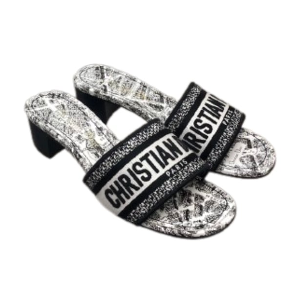DIOR DWAY HEELED SLIDE WHITE AND BLACK EMBROIDERED COTTON WITH PLAN DE PARIS MOTIF