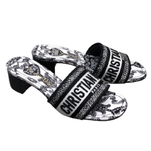 DIOR DWAY HEELED SLIDE BLACK AND WHITE COTTON WITH DIOR BANDANA EMBROIDERY
