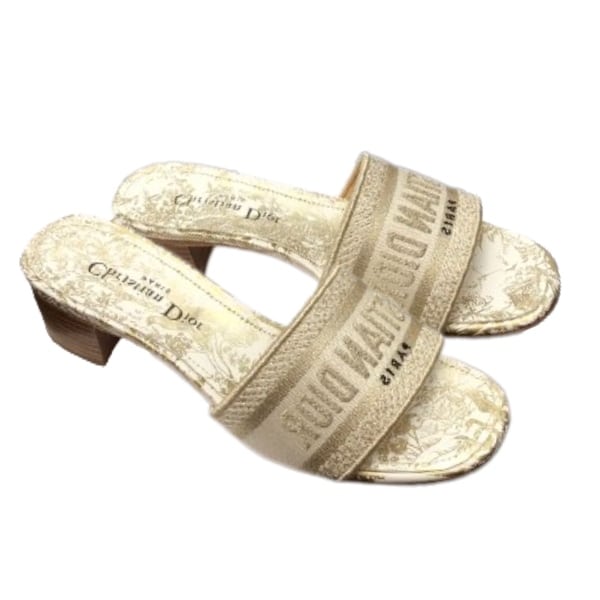 DIOR DWAY HEELED SLIDE WHITE AND GOLD-TONE COTTON EMBROIDERED WITH DIOR JARDIN D’HIVER MOTIF