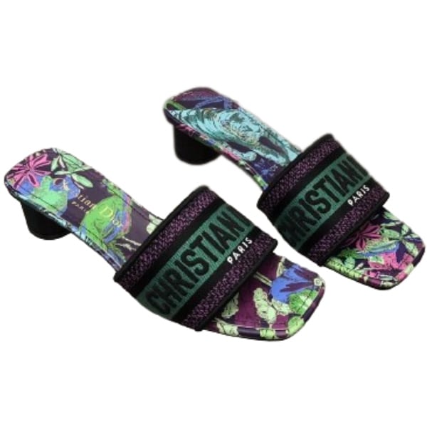 DIOR DWAY HEELED SLIDE EMBROIDERED COTTON AND PURPLE MULTICOLOR TOILE DE JOUY VOYAGE MOTIF KCQ902VOYS21V
