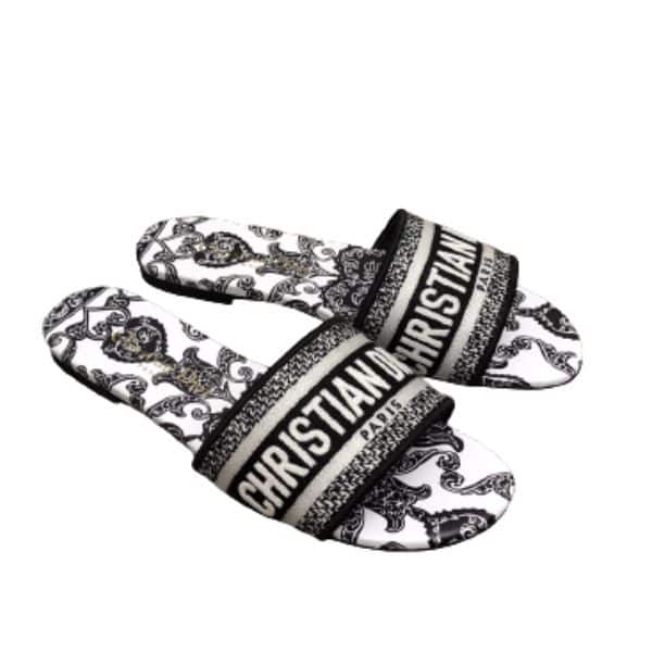 DIOR DWAY SLIDE BLACK AND WHITE COTTON WITH DIOR BANDANA EMBROIDERY