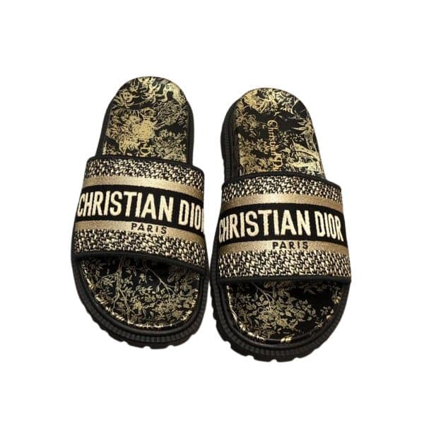 DIOR DWAY TOILE DE JOUY EMBROIDERED SLIPPER BLACK GOLD TONE