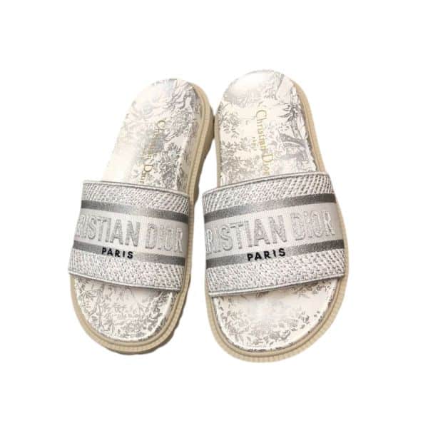 DIOR DWAY TOILE DE JOUY EMBROIDERED SLIPPER SILVER TONE