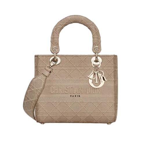 DIOR LADY D LITE BAG BEIGE CANNAGE EMBROIDERY 24CM M0565OREYM919