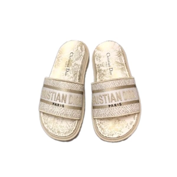 DIOR DWAY TOILE DE JOUY EMBROIDERED SLIPPER GOLD TONE