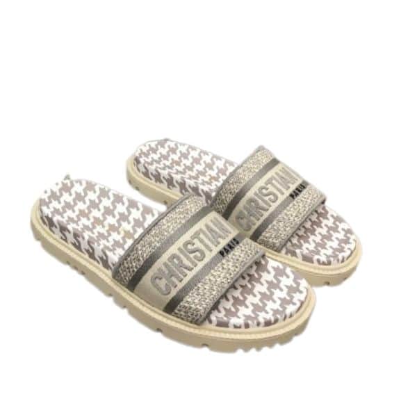 DIOR DWAY SLIPPER GRAY AND WHITE MICRO HOUNDSTOOTH EMBROIDERED