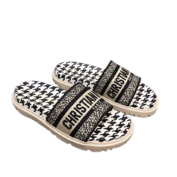 DIOR DWAY SLIPPER BLACK AND WHITE MICRO HOUNDSTOOTH EMBROIDERED