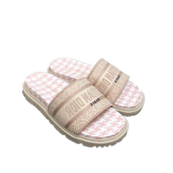 DIOR DWAY SLIPPER PINK AND WHITE MICRO HOUNDSTOOTH EMBROIDERED