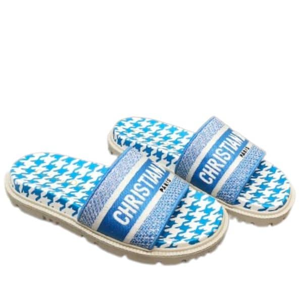 DIOR DWAY SLIPPER BLUE AND WHITE MICRO HOUNDSTOOTH EMBROIDERED