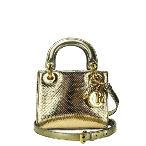 DIOR LADY MINI BAG LIZARD SKIN LEATHER IN GOLD 17CM