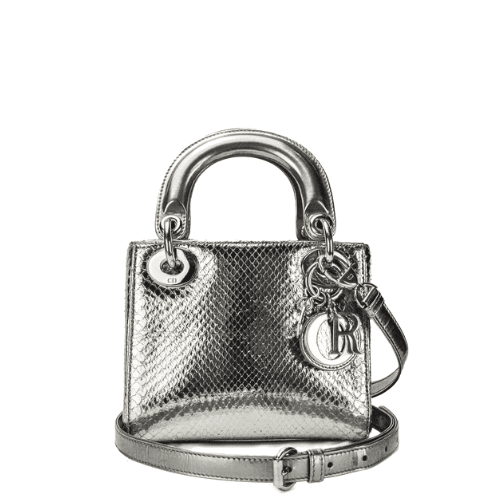 DIOR LADY MINI BAG LIZARD SKIN LEATHER IN SILVER 17CM