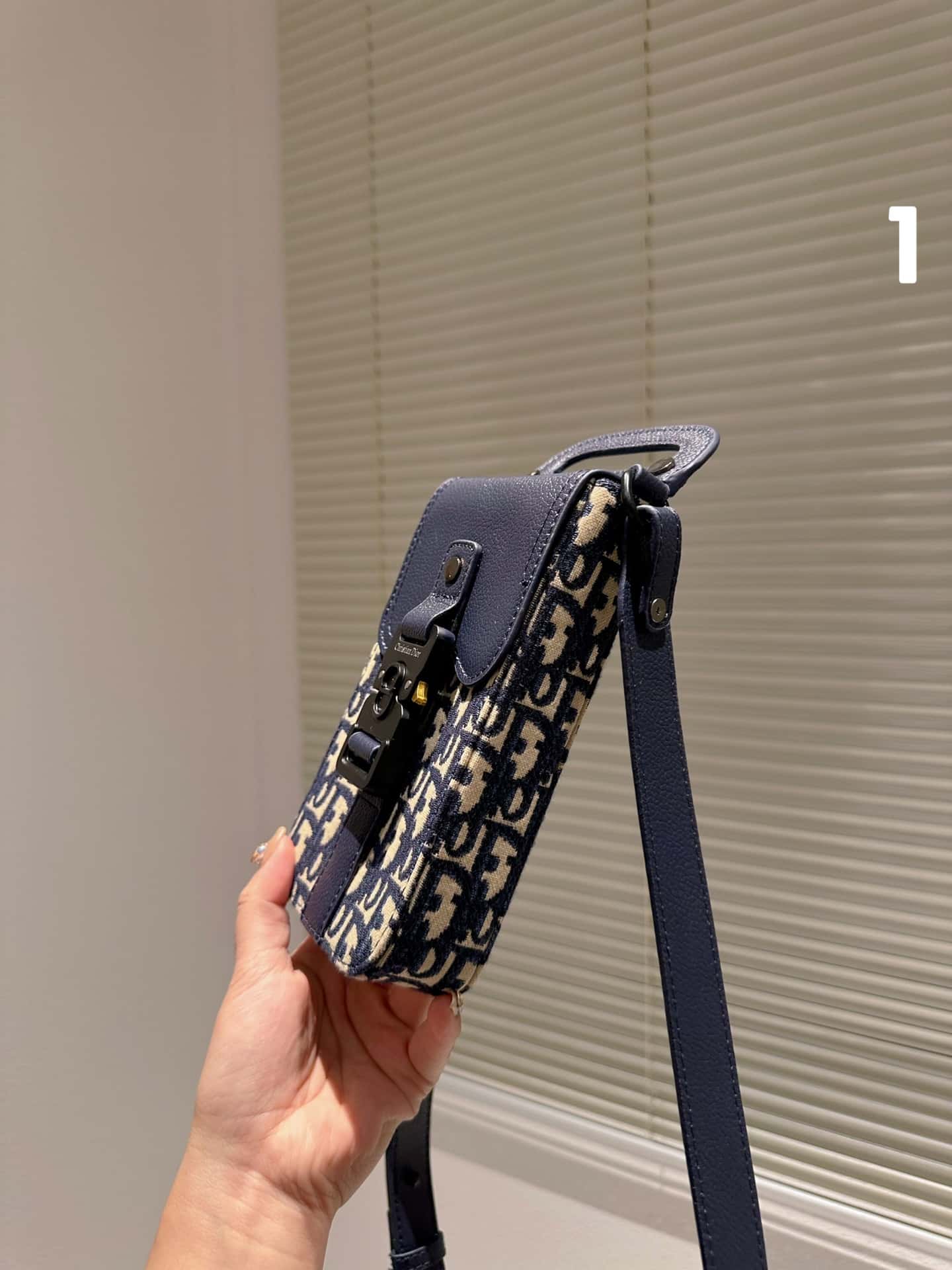 DIOR SADDLE VERTICAL POUCH WITH STRAP OBLIQUE JACQUARD AND DARK BLUE GRAINED CALFSKIN 11CM 2ADCA446YKS H27E - Image 5