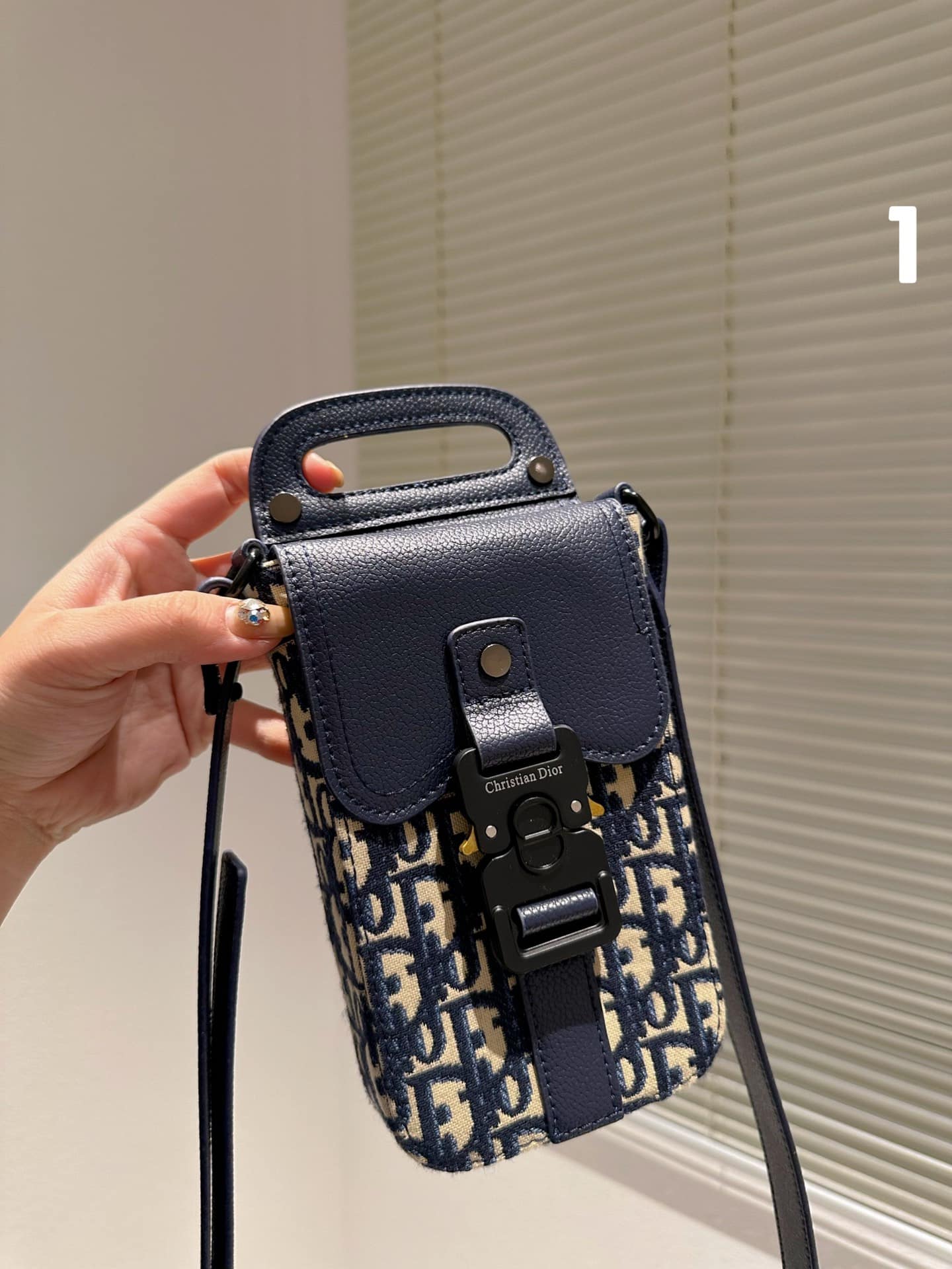 DIOR SADDLE VERTICAL POUCH WITH STRAP OBLIQUE JACQUARD AND DARK BLUE GRAINED CALFSKIN 11CM 2ADCA446YKS H27E - Image 6