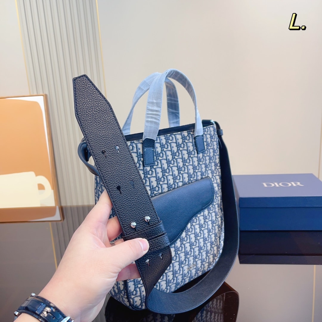 DIOR SADDLE TOTE BAG WITH SHOULDER STRAP BEIGE AND NAVY BLUE 32CM 1ADSH175YKS H05E - Image 4