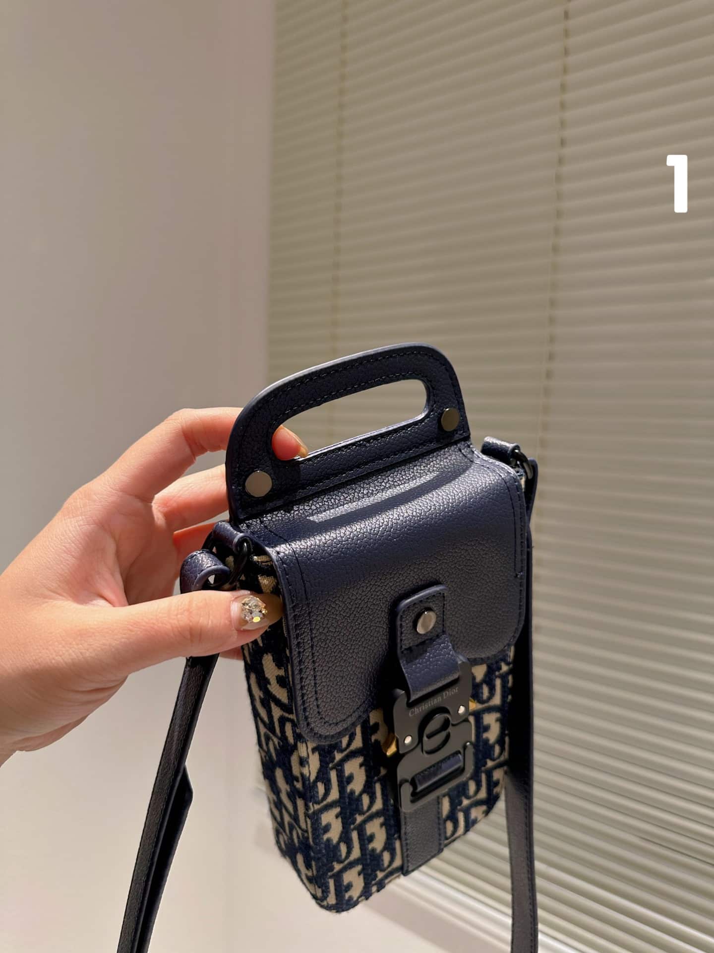 DIOR SADDLE VERTICAL POUCH WITH STRAP OBLIQUE JACQUARD AND DARK BLUE GRAINED CALFSKIN 11CM 2ADCA446YKS H27E - Image 7