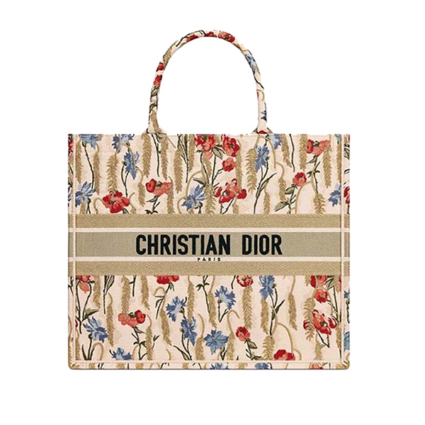 DIOR LARGE TOTE BOOK HIBISCUS EMBROIDERY BEIGE 42CM