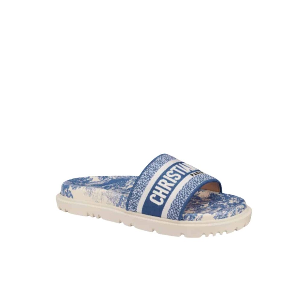 DIOR DWAY TOILE DE JOUY EMBROIDERED COTTON SLIDE SANDALS BLUE