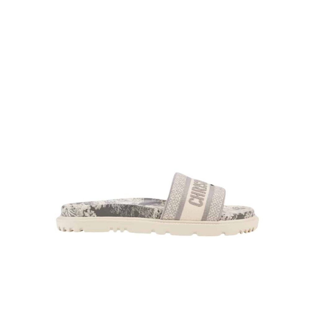 DIOR DWAY TOILE DE JOUY EMBROIDERED COTTON SLIDE SANDALS GRAY