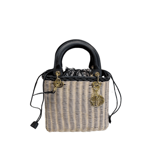 DIOR LADY NATURAL WICKER NAVY BLUE OBLIQUE JACQUARD 22CM