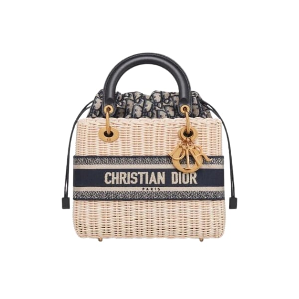 DIOR MEDIUM LADY NATURAL WICKER NAVY BLUE OBLIQUE JACQUARD M0565CMVO_M808 24CM