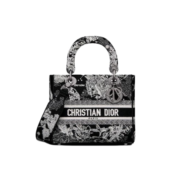 DIOR MEDIUM LADY D-LITE BLACK TOILE DE JOUY ZODIAC EMBROIDERY M0565BRHZ_M911 24CM