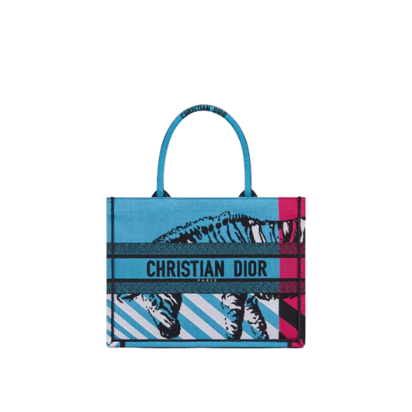 DIOR MEDIUM BOOK TOTE BRIGHT BLUE AND BRIGHT PINK D-JUNGLE POP EMBROIDERY 36CM M1296ZRON M888