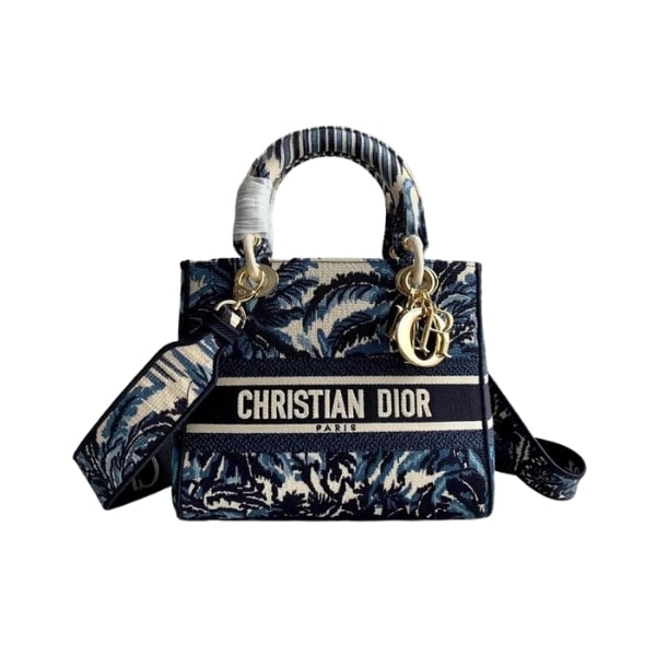DIOR MEDIUM LADY  D-LITE DARK BLUE EMBROIDERY 24CM