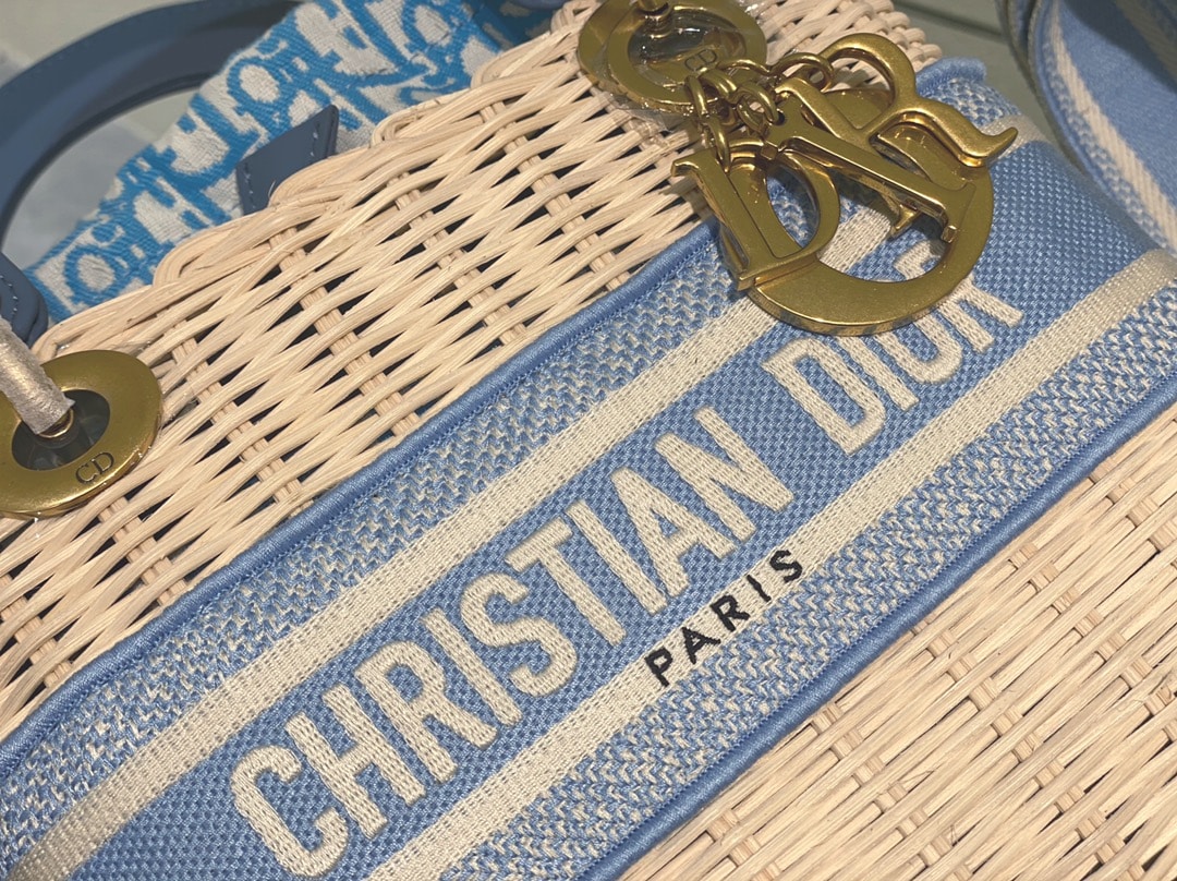DIOR MEDIUM LADY NATURAL WICKER CORNFLOWER OBLIQUE JACQUARD BLUE 24CM M0565CMVO M917 - Image 6