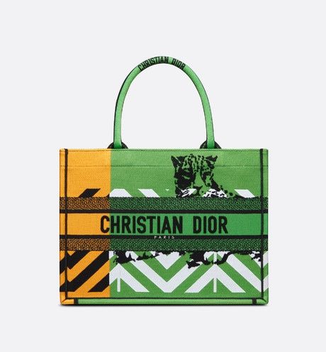DIOR MEDIUM BOOK TOTE BRIGHT GREEN AND BRIGHT YELLOW D-JUNGLE POP EMBROIDERY 36CM