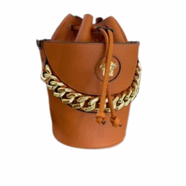 VERSACE LEATHER BUCKET BAG BROWN 19CM